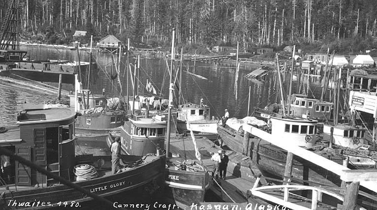 Kasaan 15 Fishing boats in harbor, Kasaan, Thwaite, ca 1912.
