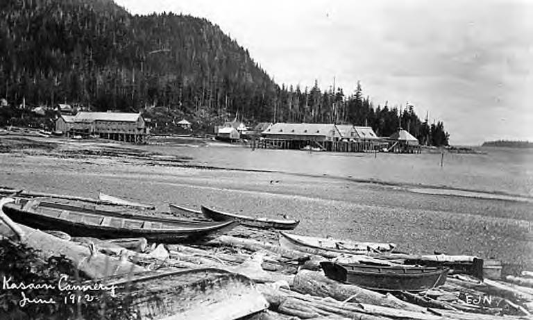 Kasaan 4 Kasaan cannery with wooden boats in foreground Kasaan, Thwaite, June 1912